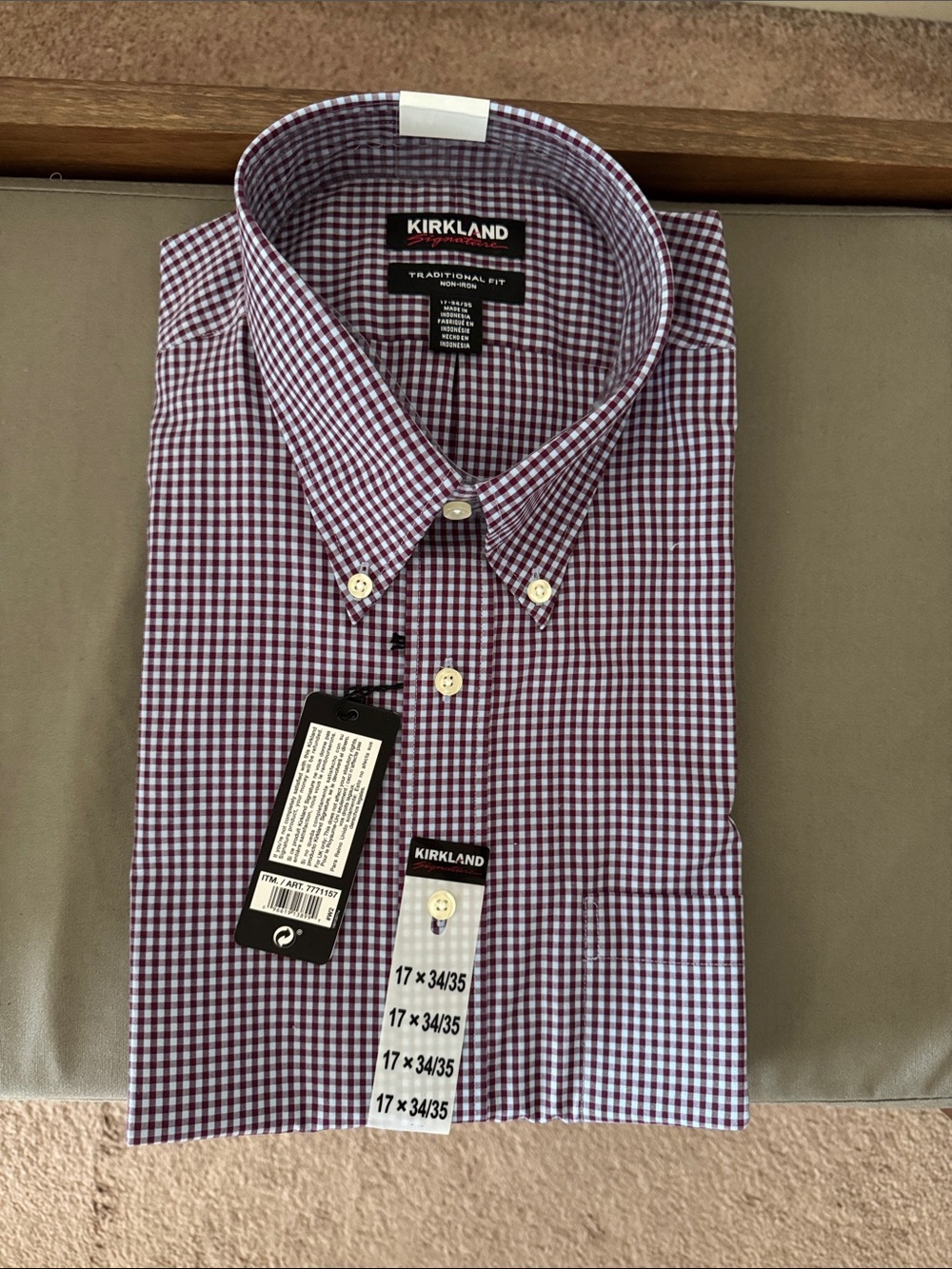 Kirkland Signature Men's Burgundy and White Gingham Button-Down Shirt